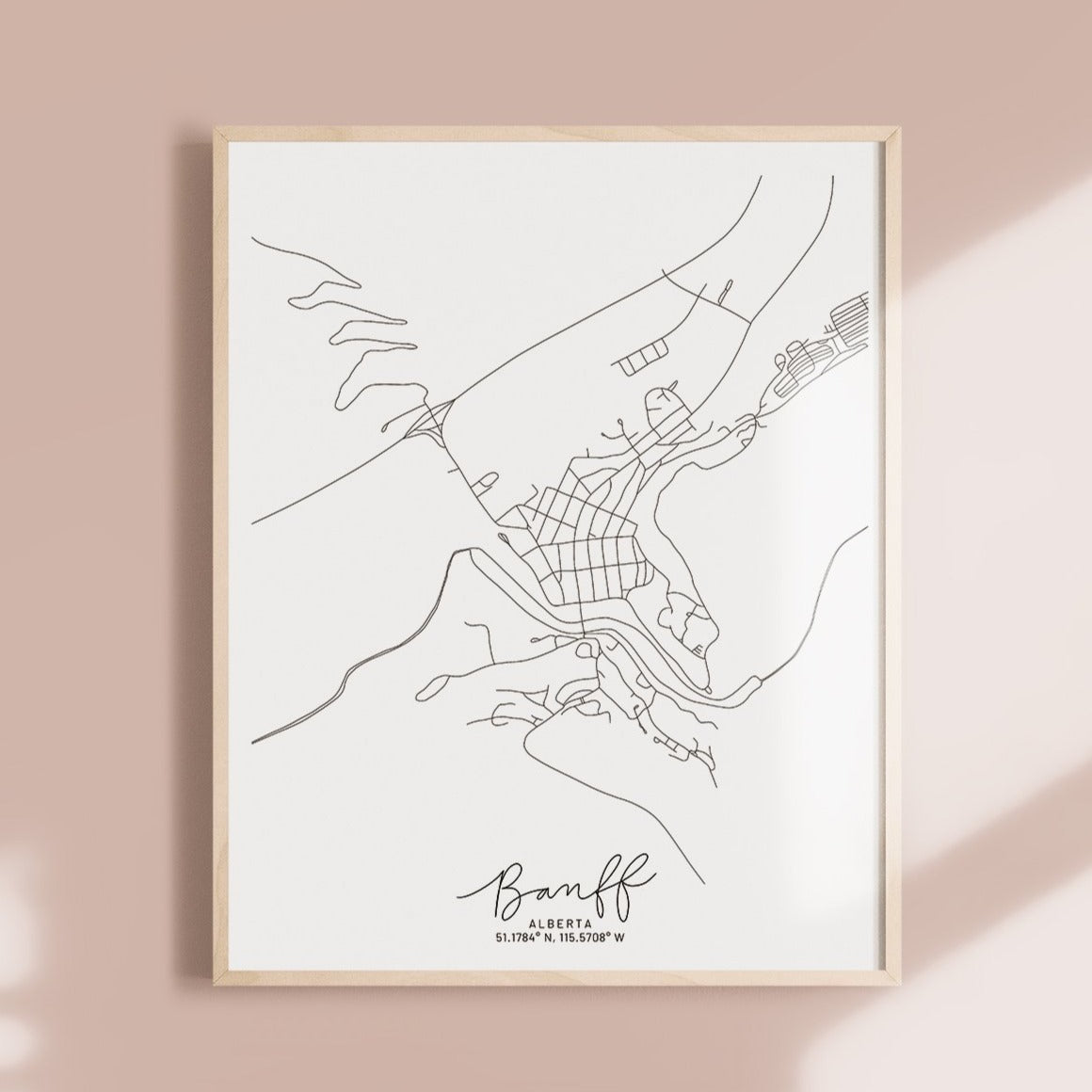 Pink Background, Black & White Banff Alberta Map