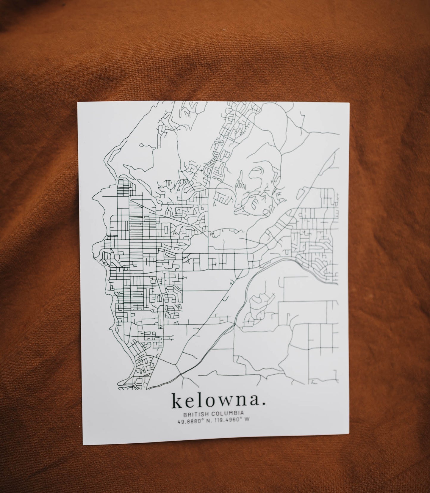 Kelowna, British Columbia Typed Font Minimal Hand Drawn Map