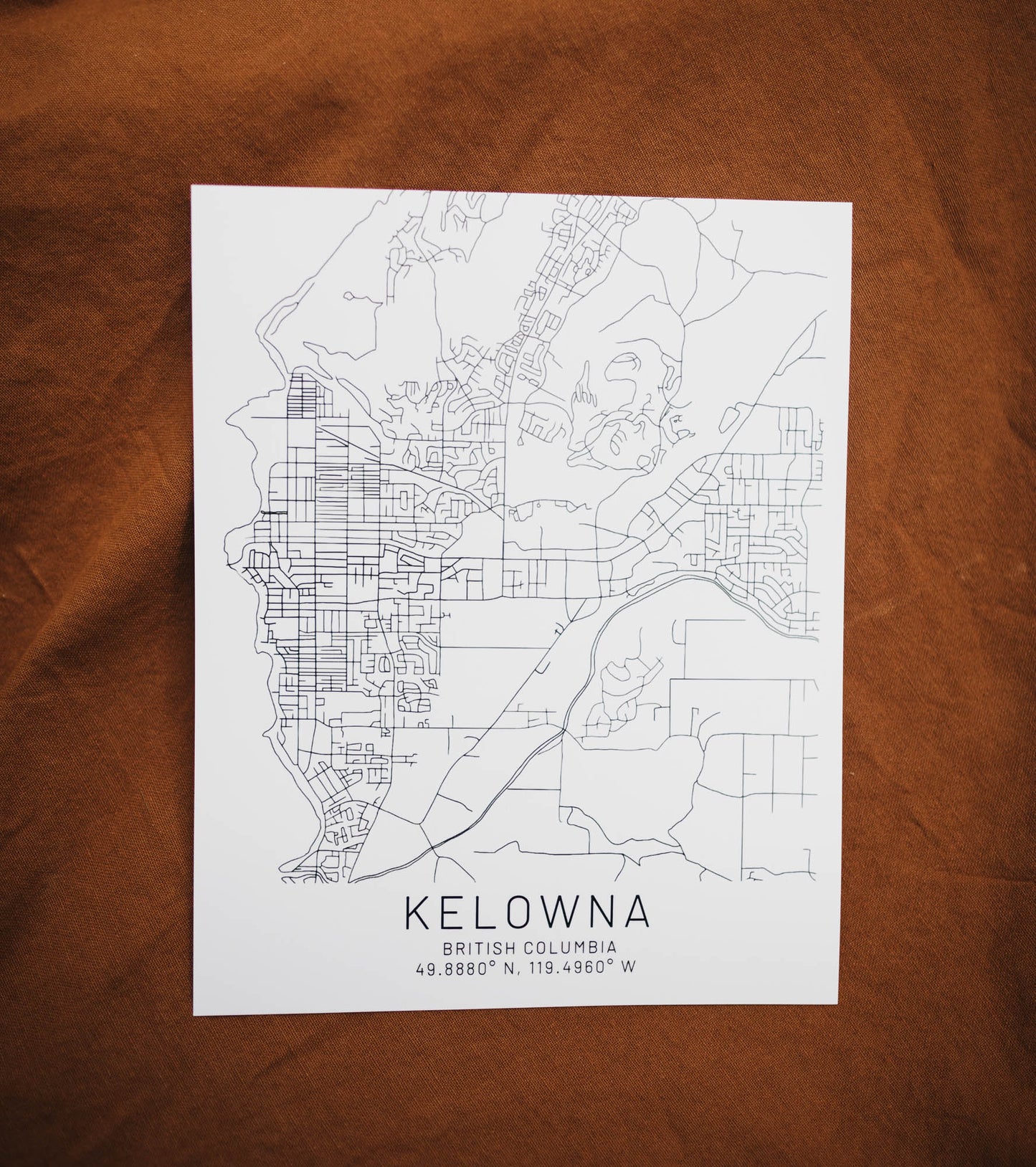 Kelowna, British Columbia Typed Font Minimal Hand Drawn Map