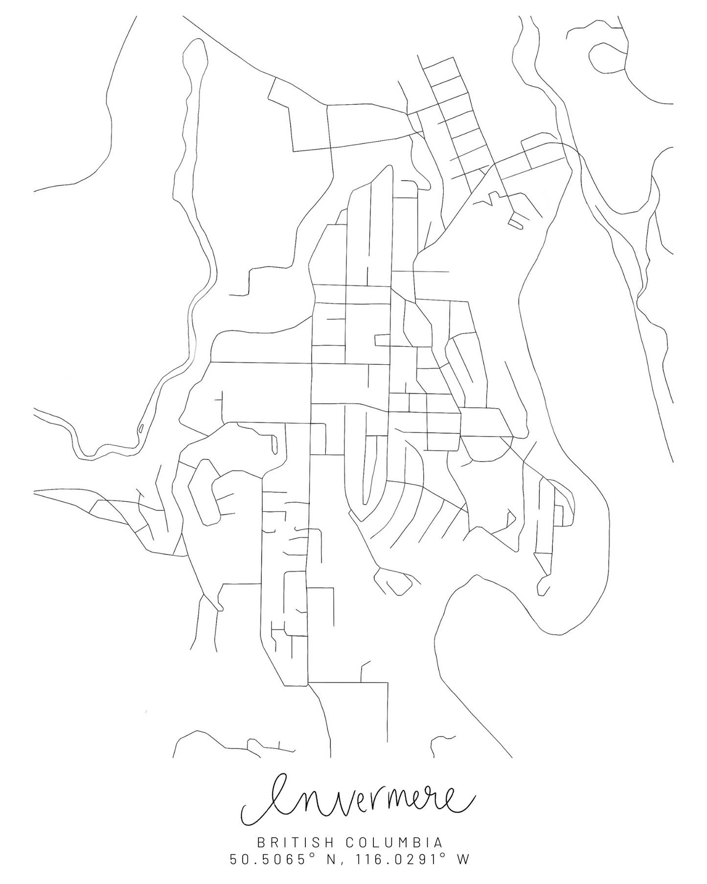 Invermere, British Columbia Minimal Hand Drawn Map