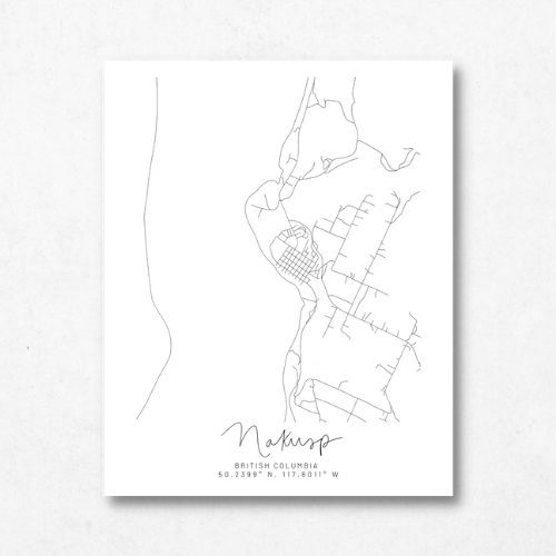 Nakusp, British Columbia Minimal Hand Drawn Map