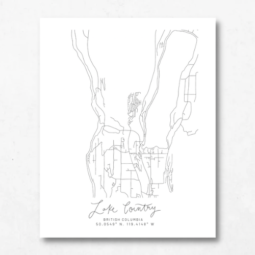 Lake Country, British Columbia Minimal Hand Drawn Map