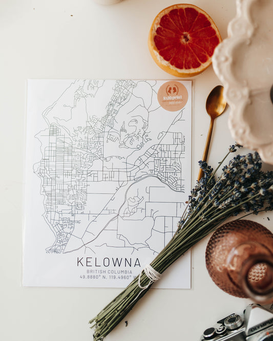 Kelowna, British Columbia Typed Font Minimal Hand Drawn Map
